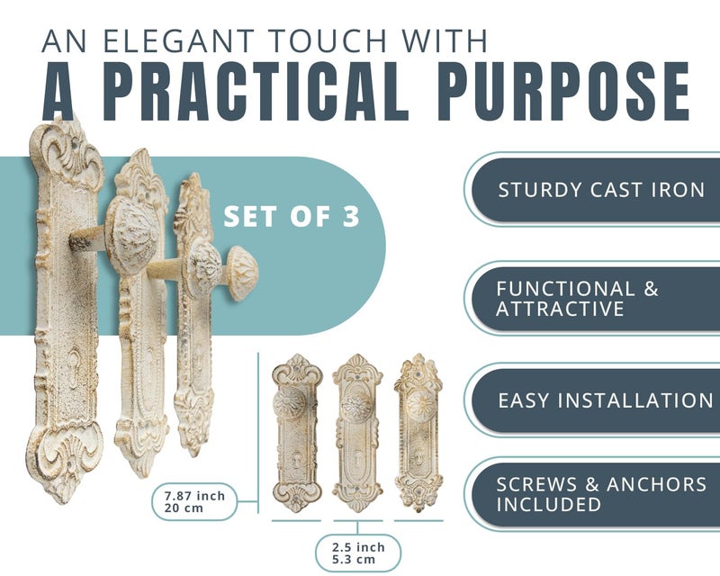 Comfify Shabby Chic Cast Iron Decorative Wall Mounted Hooks - Rustic White - Door Knob Coat Hooks - Set of 3 - Screws and Anchors Included - Antique Wall Hooks for Hanging Clothes - Image 3