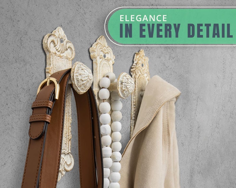 Comfify Shabby Chic Cast Iron Decorative Wall Mounted Hooks - Rustic White - Door Knob Coat Hooks - Set of 3 - Screws and Anchors Included - Antique Wall Hooks for Hanging Clothes - Image 2