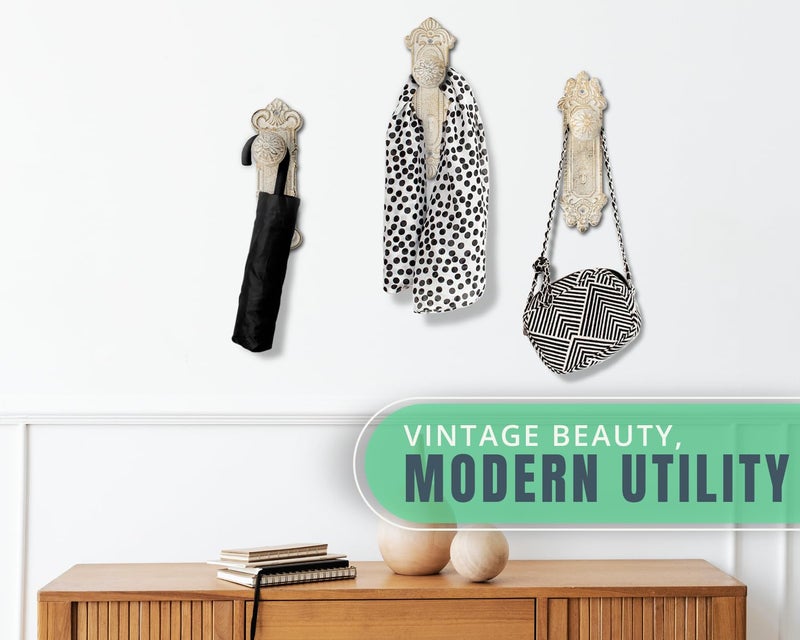 Comfify Shabby Chic Cast Iron Decorative Wall Mounted Hooks - Rustic White - Door Knob Coat Hooks - Set of 3 - Screws and Anchors Included - Antique Wall Hooks for Hanging Clothes - Image 5