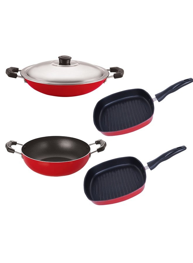 Nirlon Non-Stick Aluminum Cookware Set, 4-Piece, Red and Black (KD11_AC_GP22.5_GP24)