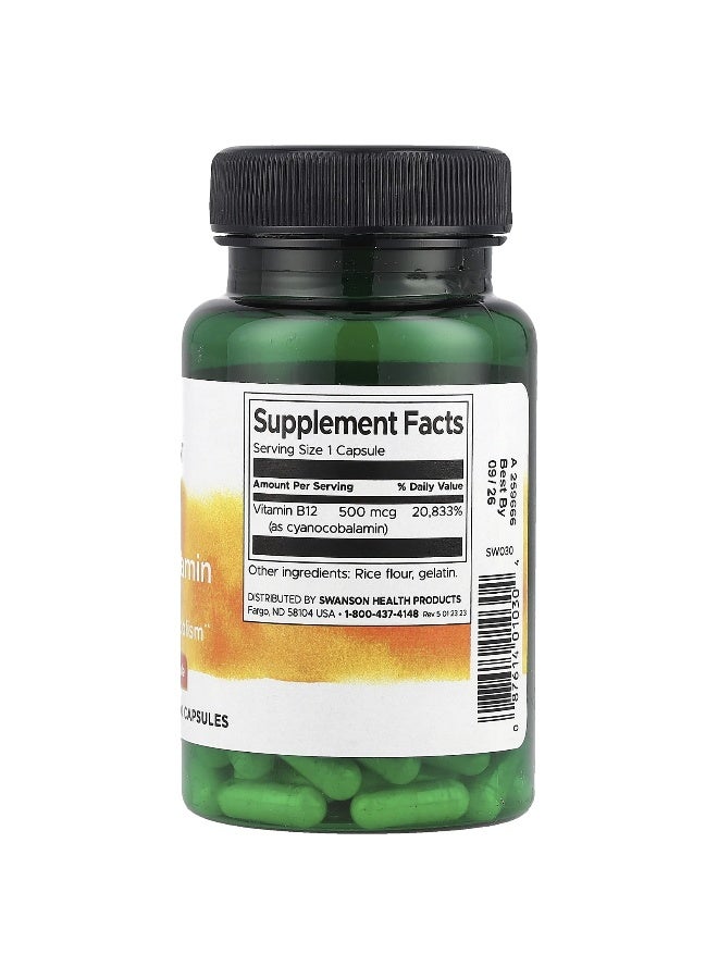 SWANSON Swanson, Vitamin B12, 500 mcg, 100 Capsules  - Image 2