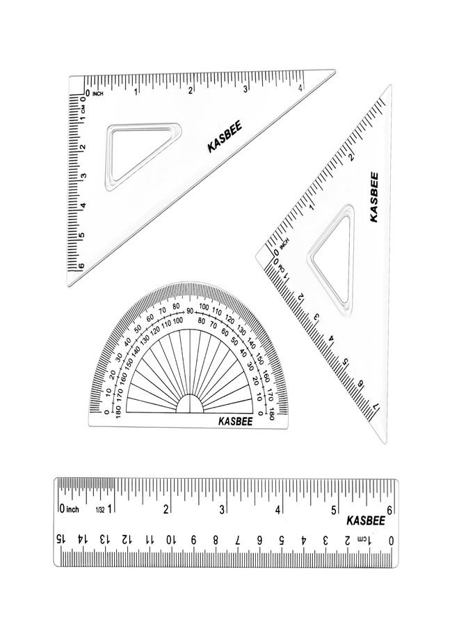 KASBEE Geometry Set, 4PCS Geometry Kit for Students, Clear Protector, 6in Ruler, 2 Triangles, Metric and Imperial Scales - Image 1