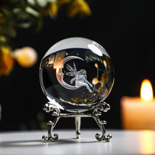 ZEERSHEE 60Mm 3D Laser Engraved Crystal Fairy & Moon Ball Figurine 3D Crystal Ball Sphere With Stand Glass Paperweights Table Decor For Girls Daughters - Image 1