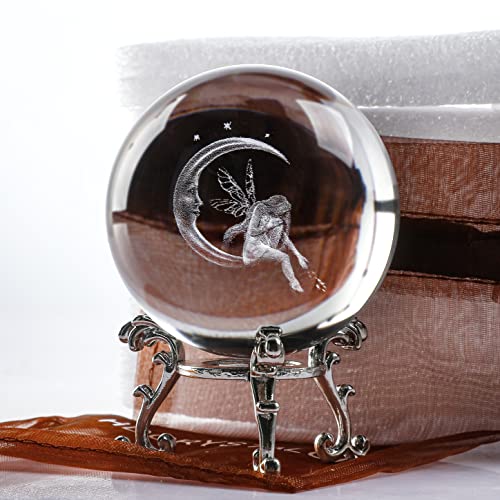 ZEERSHEE 60Mm 3D Laser Engraved Crystal Fairy & Moon Ball Figurine 3D Crystal Ball Sphere With Stand Glass Paperweights Table Decor For Girls Daughters - Image 3