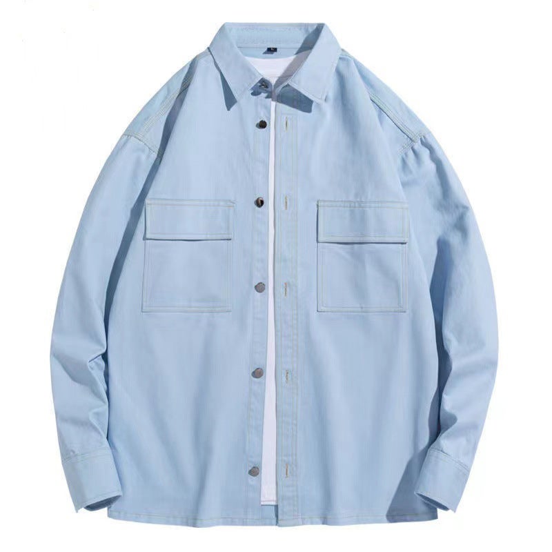 American-style heavy cotton workwear long-sleeved shirt mens Hong Kong style casual design shirt jacket loose mens fashion C914 light blue