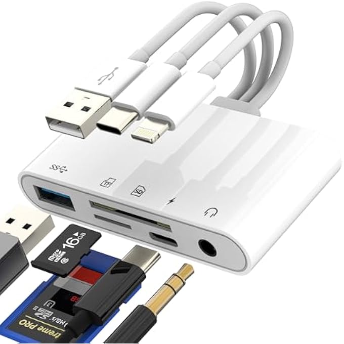 rayihni USB C LIGHTNING USB ADAPTER (5IN3) SD TF CARD READER OTG 3.0 3.5MM HEADPHONE TYPE C CHARGING CABLE FOR APPLE IPHONE 16 15 14 13 CAMERA PHOTO TRANSFER FLASH DRIVE MICRO SD MEMORY COMPATIBLE FOR SAMSUNG - Image 1