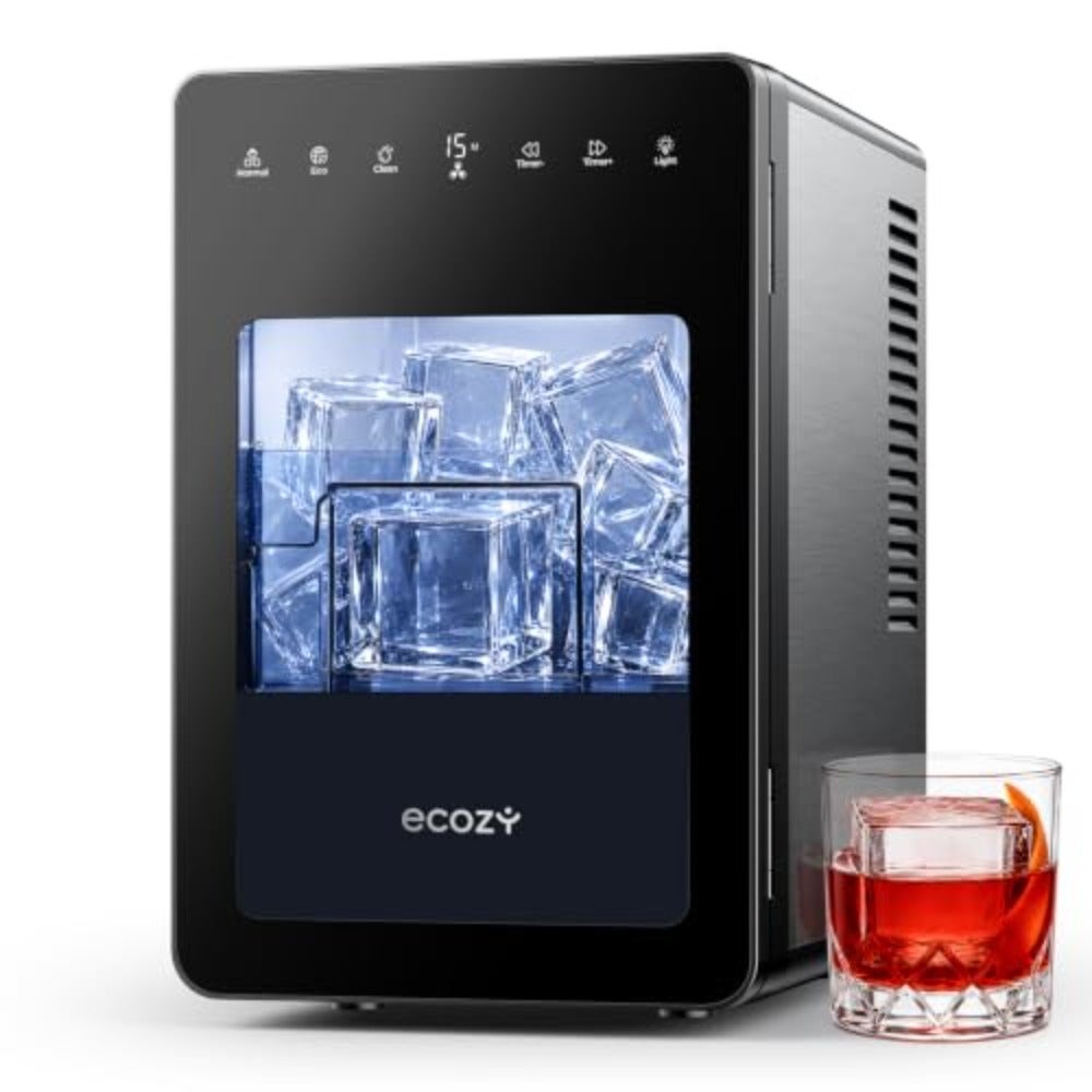 Portable countertop ice maker for home and office use, stainless steel body, silver color, makes 9 ice cubes in 6 minutes, 12kg/day capacity