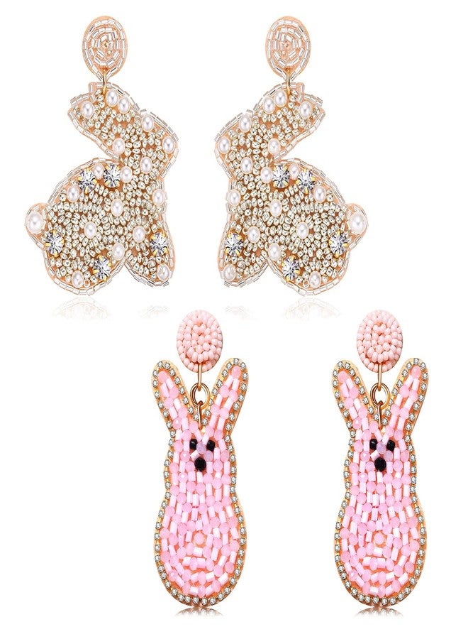 YAHPERN 2 Pairs Easter Earrings for Women Beaded Easter Egg Bunny Earrings Letter HAPPY EASTER Earrings Cute Rabbit Dangle Earrings Spring Holiday Jewelry Gifts (Style C) - Image 1