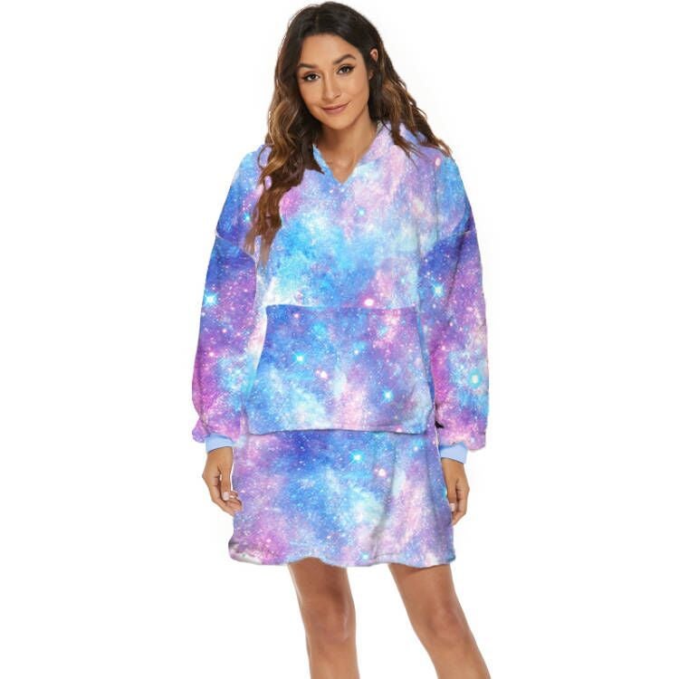 White Leopard Print Plus Velvet Thickened Lazy Blanket Casual Hooded Tv Tv Blanket One Size Sweatshirt Multi-color model-blue - Image 1