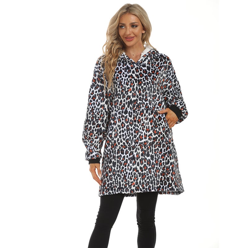 White Leopard Print Plus Velvet Thickened Lazy Blanket Casual Hooded Tv Tv Blanket One Size Sweatshirt Multi-color model-blue - Image 3