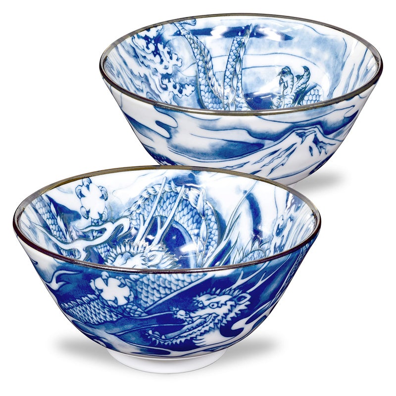 Mino Ware Japanese Rice Bowl Rice Ramen Noodle Soup Sarada Pasta Blue Dragon Design Chawn 25 inch 88oz Set of 2