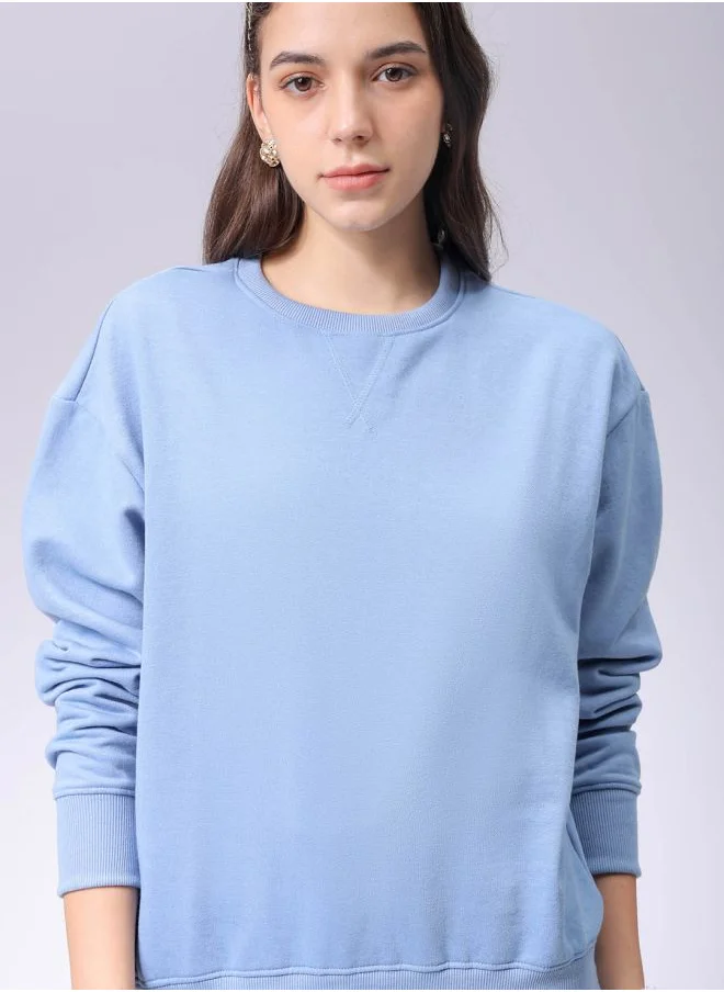 مرفوعة Women Boxy Blue Solid Crew Neck Long Sleeve Sweatshirt