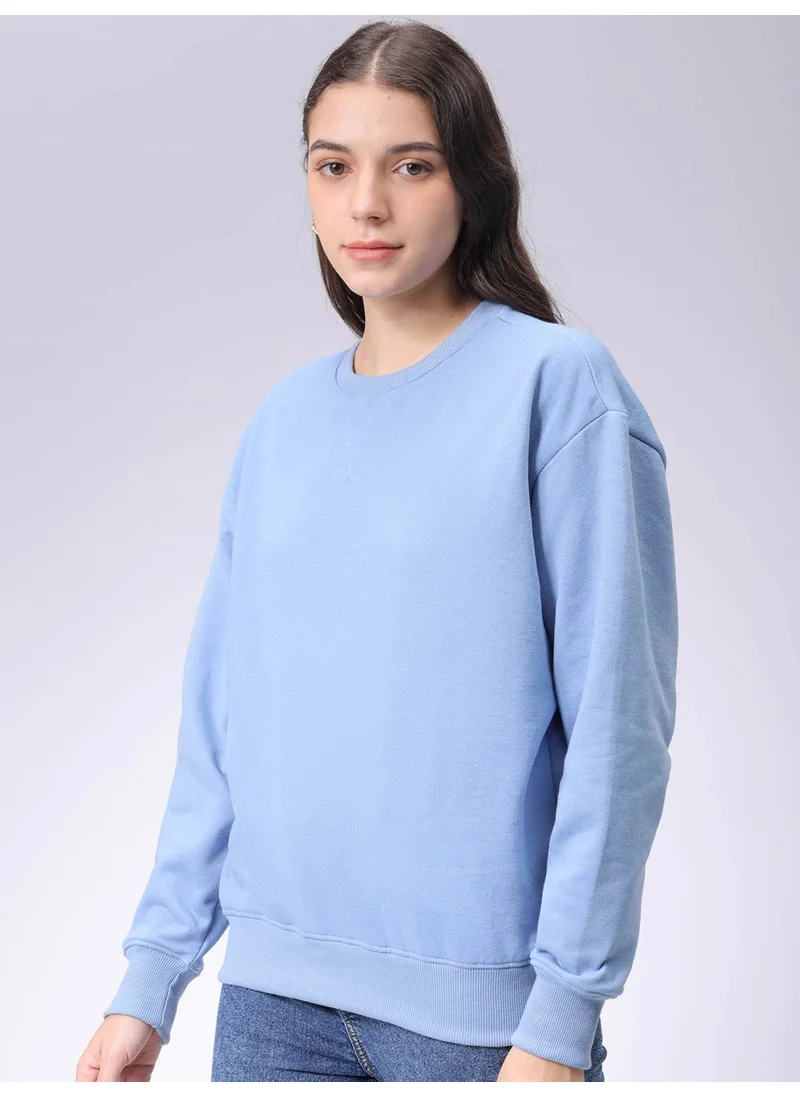 Freehand Women Boxy Blue Solid Crew Neck Long Sleeve Sweatshirt