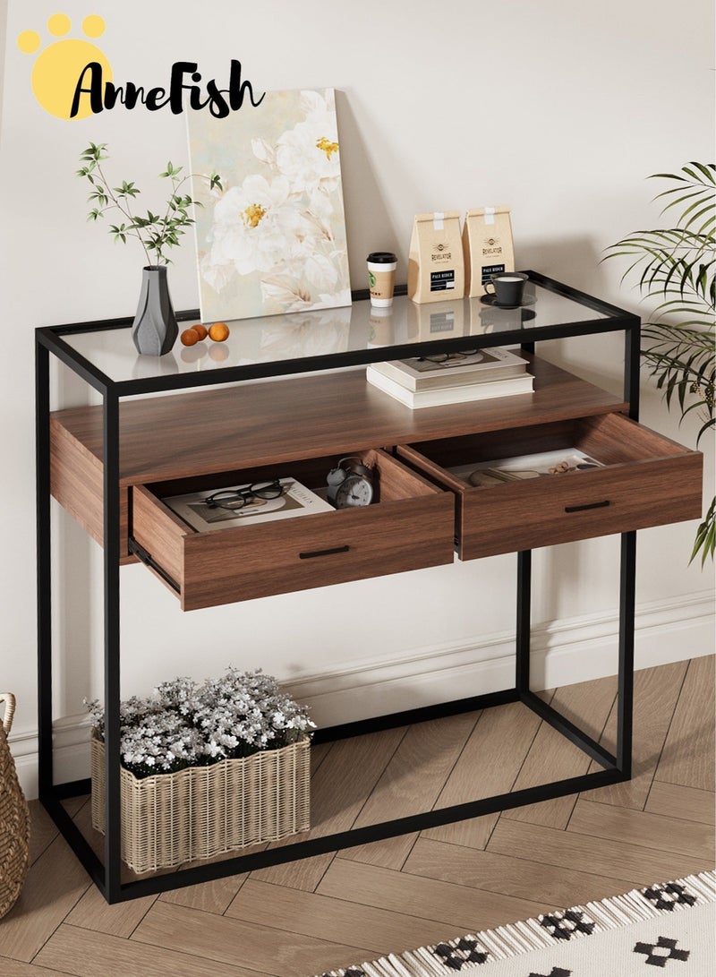 AnneFish 100*40*90cm 2 Tier Glass Console Table Sofa Table Coffee Corner with Storage Shelf and 2 Drawers Entryway Table for Couch Hallway Entrance Living Room - Image 3