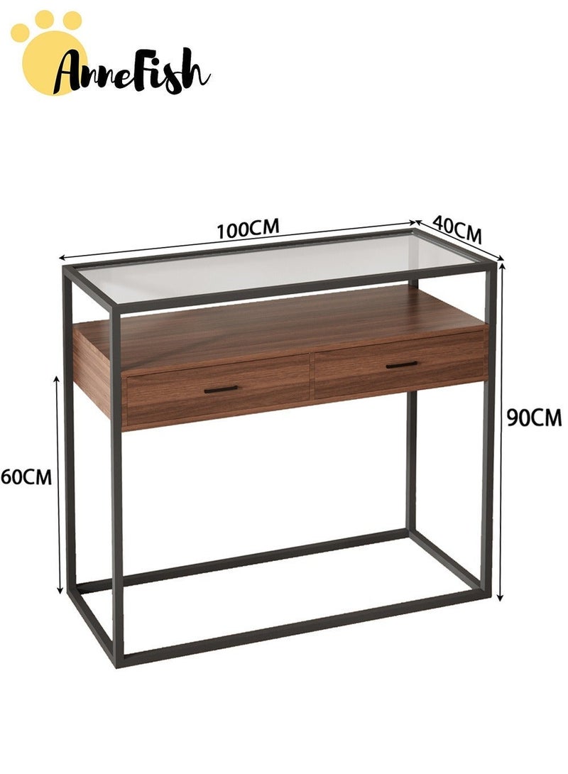 AnneFish 100*40*90cm 2 Tier Glass Console Table Sofa Table Coffee Corner with Storage Shelf and 2 Drawers Entryway Table for Couch Hallway Entrance Living Room - Image 2