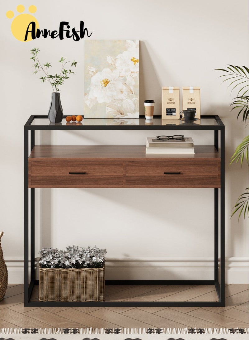 AnneFish 100*40*90cm 2 Tier Glass Console Table Sofa Table Coffee Corner with Storage Shelf and 2 Drawers Entryway Table for Couch Hallway Entrance Living Room - Image 4