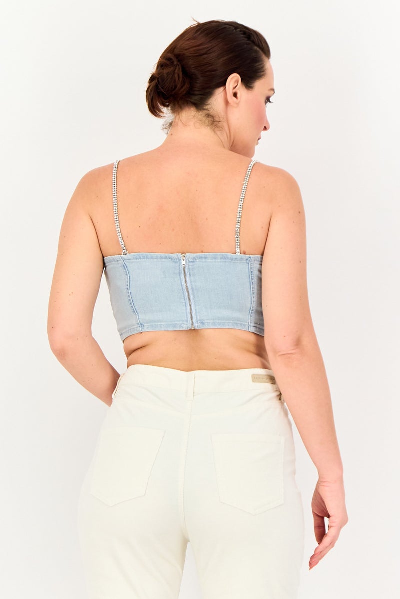 Bershka بلوزة نسائية بدون أكمام بتفاصيل مزخرفة، لون أزرق مغسول - Image 3