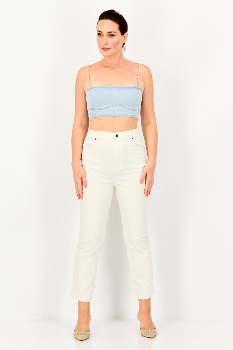 Bershka بلوزة نسائية بدون أكمام بتفاصيل مزخرفة، لون أزرق مغسول - Image 4