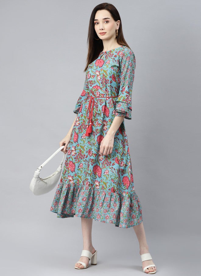Indibelle Turquoise Blue & Red Floral Bell Sleeves Ethnic A-Line Midi Dress - Image 5