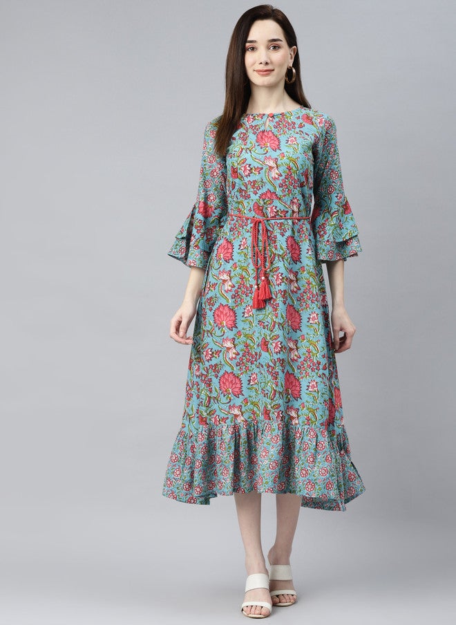 Indibelle Turquoise Blue & Red Floral Bell Sleeves Ethnic A-Line Midi Dress - Image 1