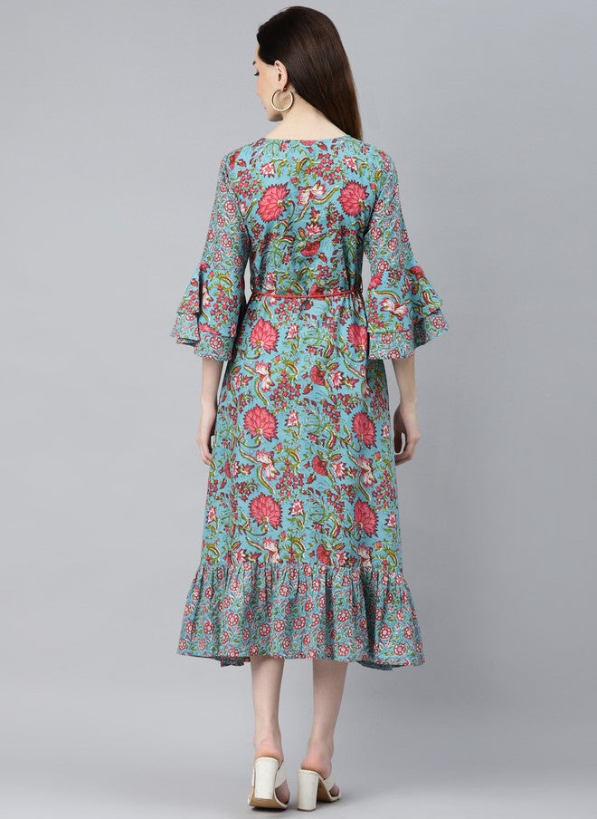 Indibelle Turquoise Blue & Red Floral Bell Sleeves Ethnic A-Line Midi Dress - Image 4