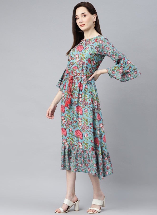 Indibelle Turquoise Blue & Red Floral Bell Sleeves Ethnic A-Line Midi Dress - Image 3