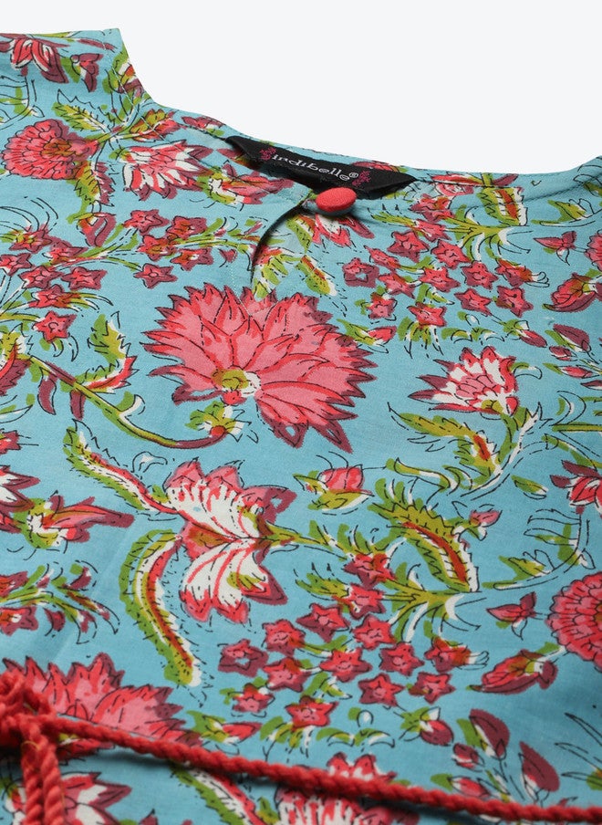 Indibelle Turquoise Blue & Red Floral Bell Sleeves Ethnic A-Line Midi Dress - Image 2