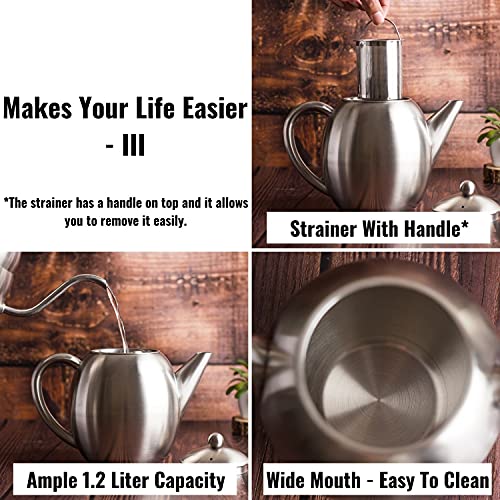 InstaCuppa Stainless Steel Tea Pot with Removable Tea Infuser, Easy to Pour Spout, Cool Touch Handle, Attractive Design, Unbreakable Build, 1.2 Litre - Image 4