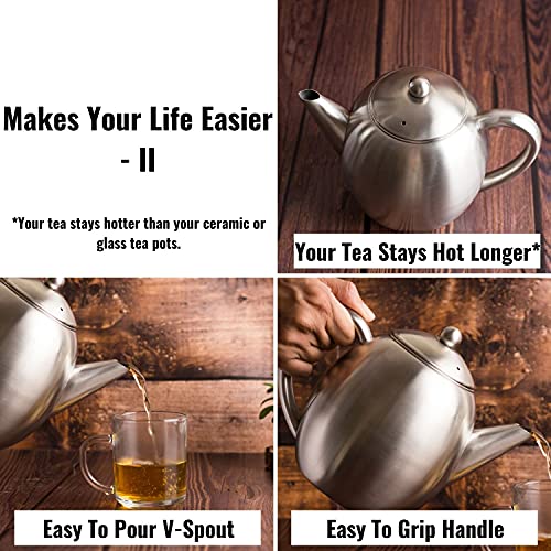 InstaCuppa Stainless Steel Tea Pot with Removable Tea Infuser, Easy to Pour Spout, Cool Touch Handle, Attractive Design, Unbreakable Build, 1.2 Litre - Image 3