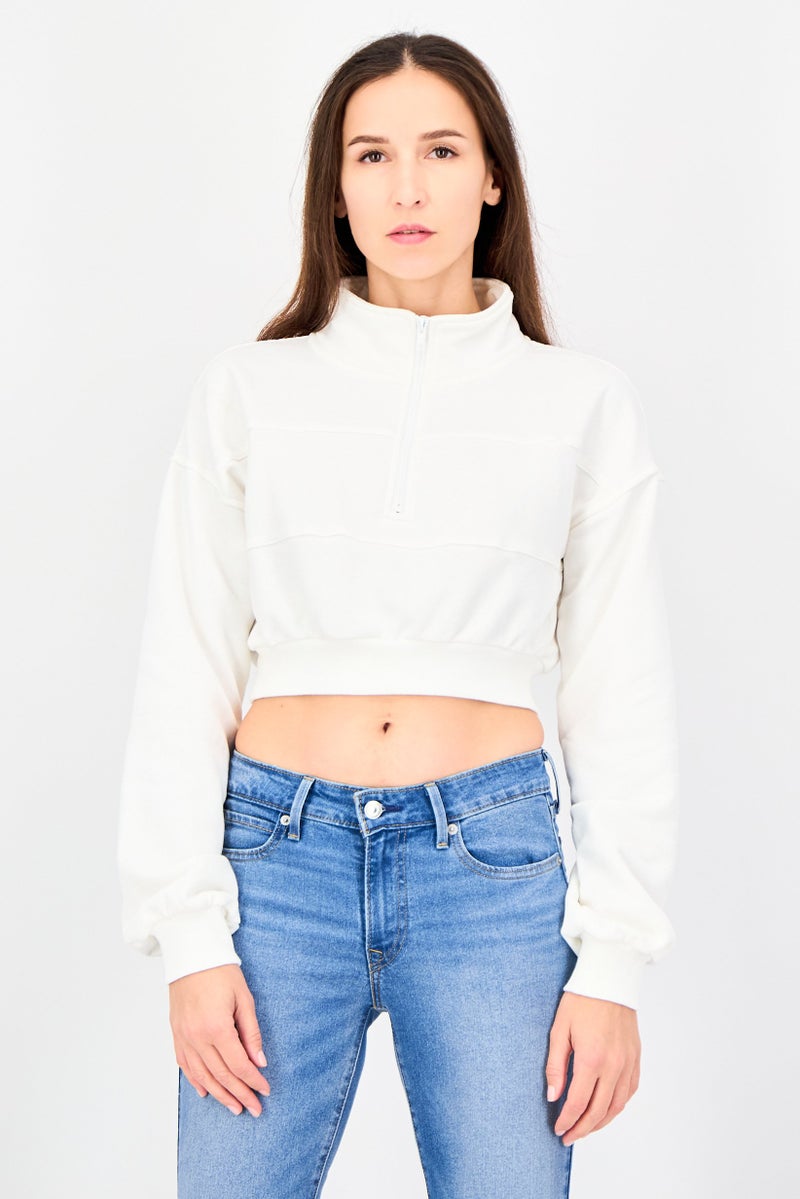 NIA Women Mock Neck Solid Long Sleeves Sweatshirt, White - Image 1