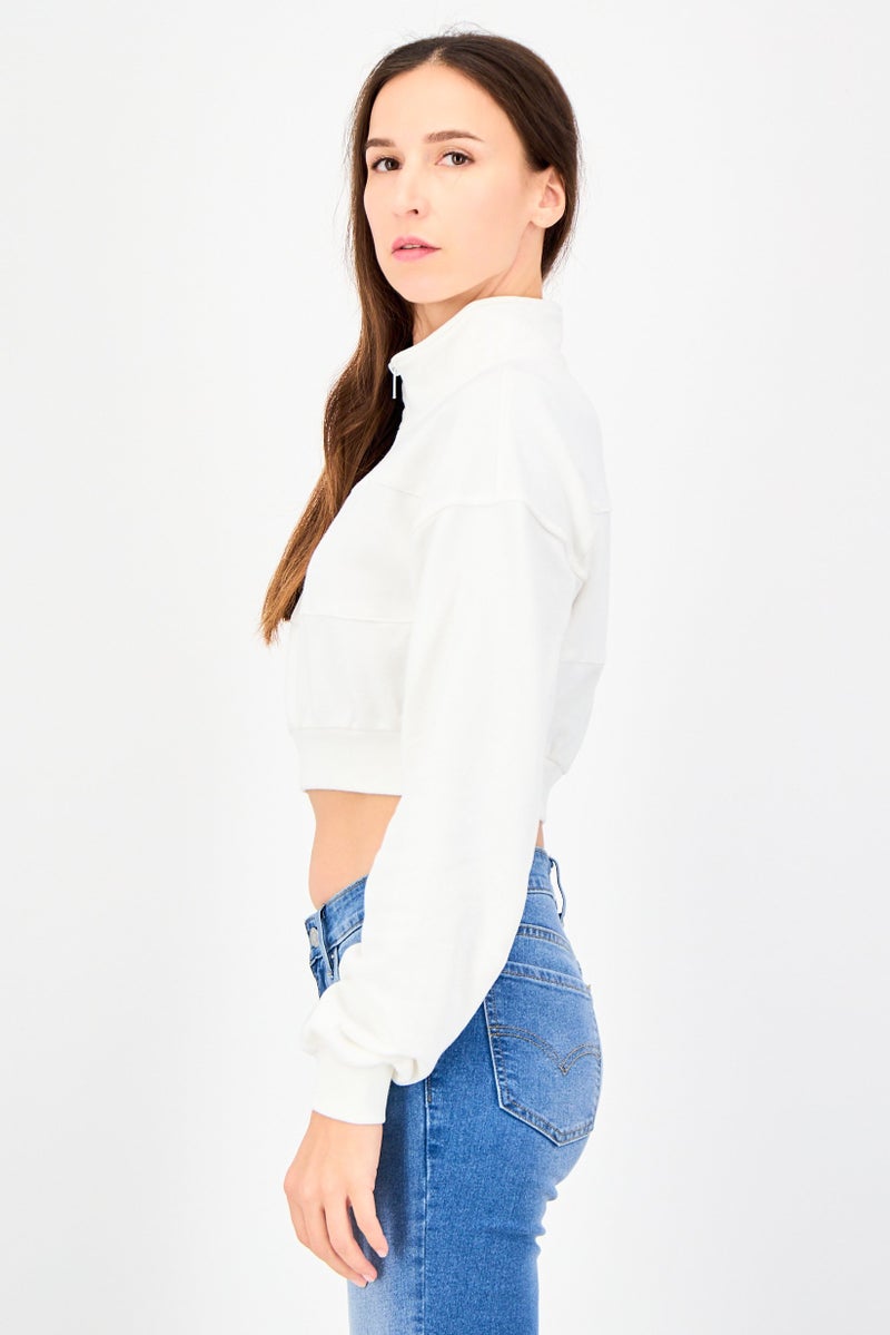 NIA Women Mock Neck Solid Long Sleeves Sweatshirt, White - Image 2