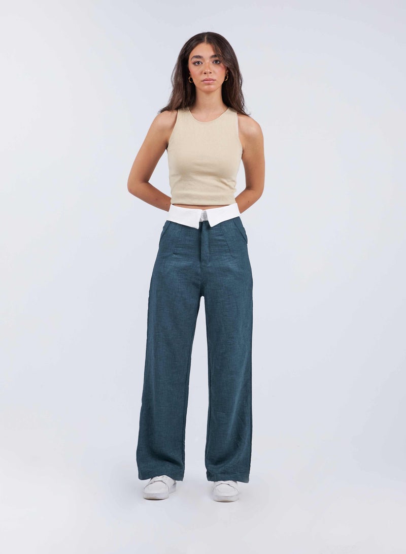 CIZARO High-Waist Dark Olive Folded Waistband Wide Leg Trousers. - Image 1