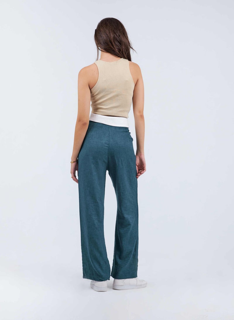 CIZARO High-Waist Dark Olive Folded Waistband Wide Leg Trousers. - Image 3