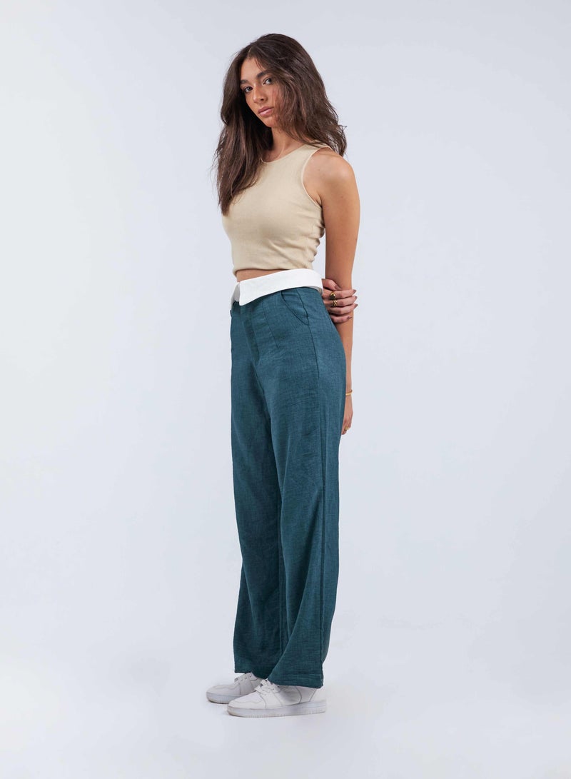 CIZARO High-Waist Dark Olive Folded Waistband Wide Leg Trousers. - Image 2
