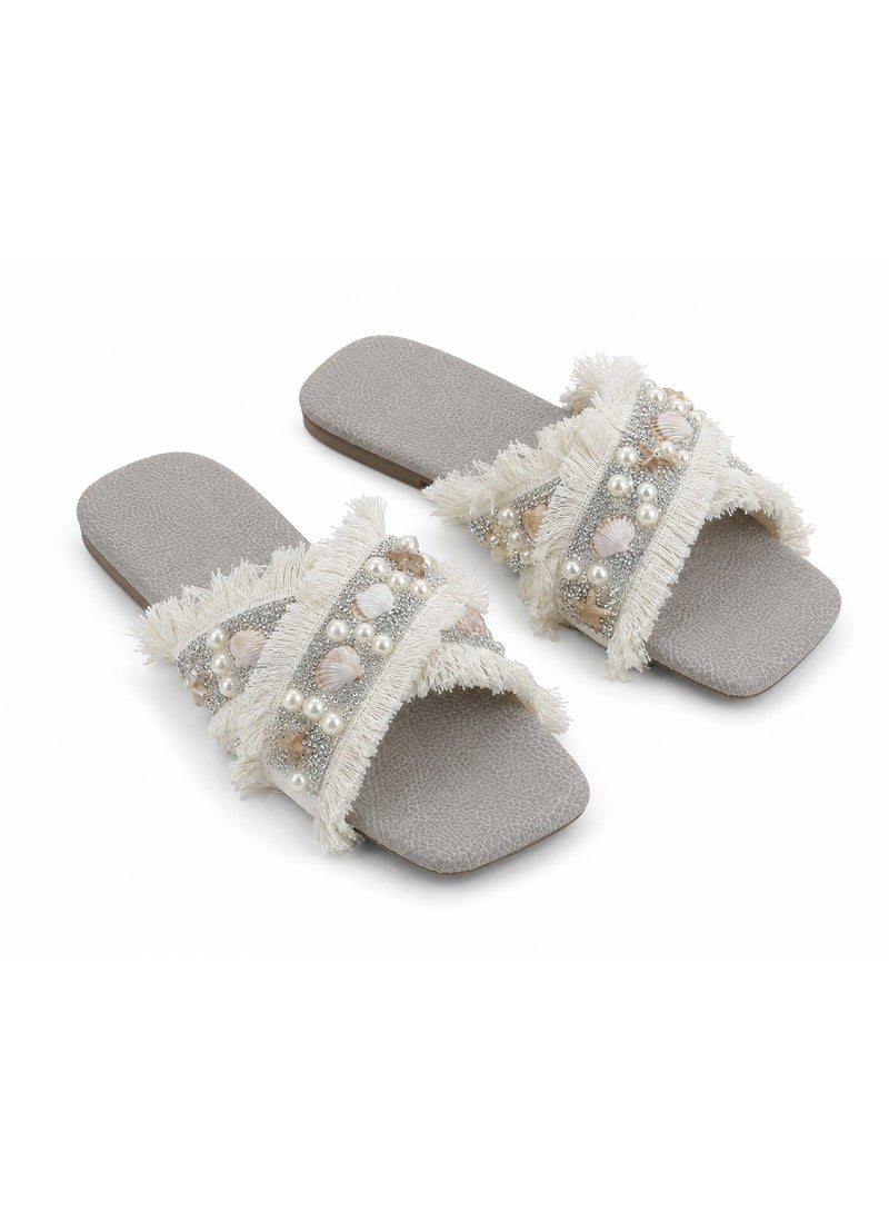 Women’s Flat Slippers, Ladies’ Summer Slip-On Slides, Casual Open-Toe Square-Toe Sandals with Cross Straps, Pearl, Seashell, Rhinestone and Fringe Embellishments – Grey and Off White – Code 5012 - Image 1