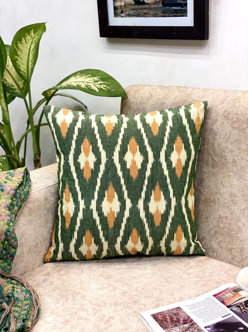 House Of Silko Pure Cotton Woven ikkat Green and Yellow Cushion Cover for Casual Interior Decoration- Set of 2 (Square 16x16) - Image 2