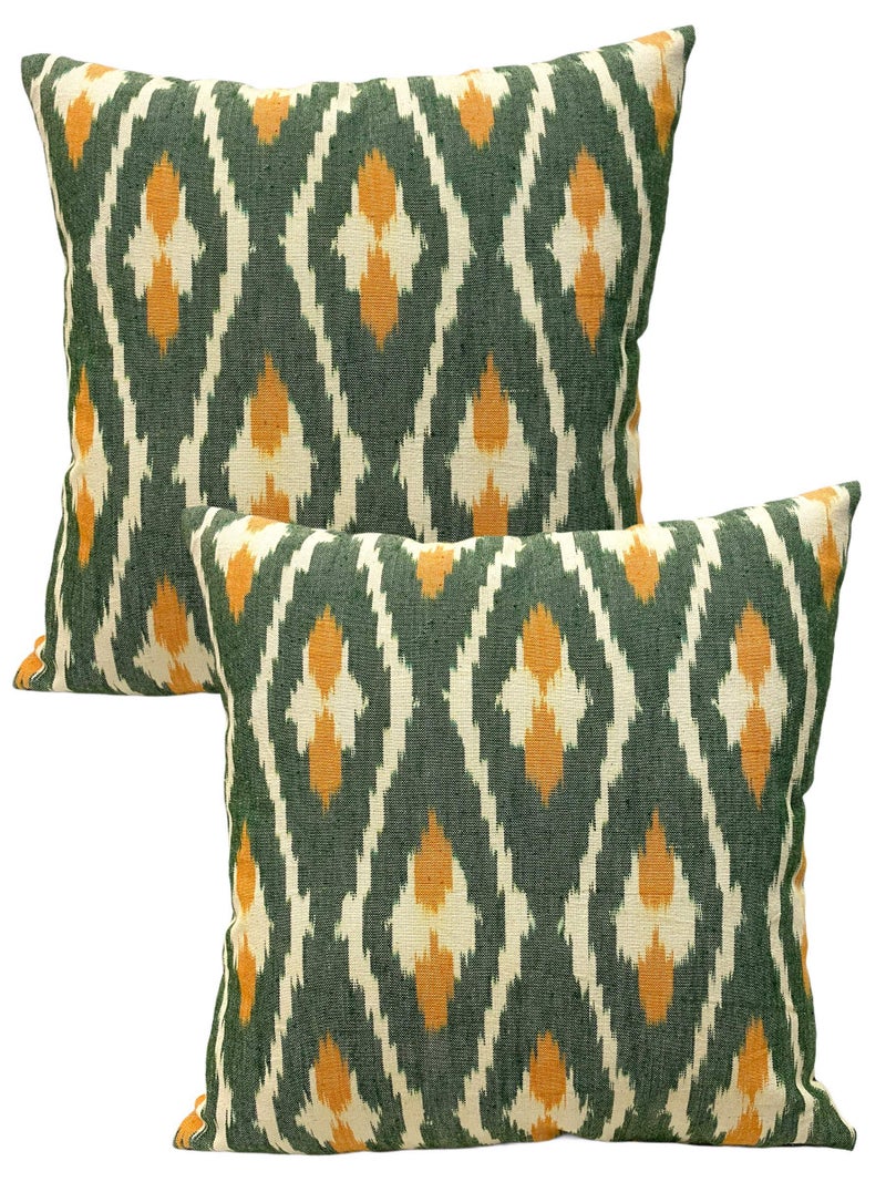 House Of Silko Pure Cotton Woven ikkat Green and Yellow Cushion Cover for Casual Interior Decoration- Set of 2 (Square 16x16) - Image 1