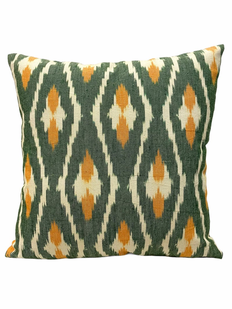 House Of Silko Pure Cotton Woven ikkat Green and Yellow Cushion Cover for Casual Interior Decoration- Set of 2 (Square 16x16) - Image 3