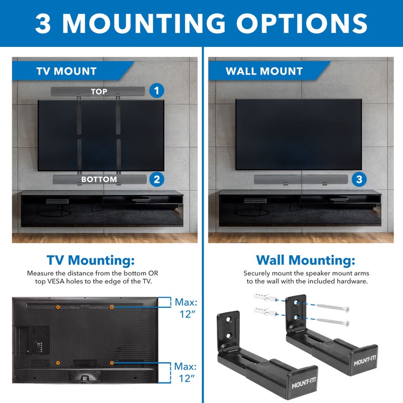 Mount-It! Soundbar Mount for TV and Wall Mounting | 2-in-1 Soundbar Bracket for Back of TV or Wall Mount Installation | Universal Base Fits All Soundbars - Image 3