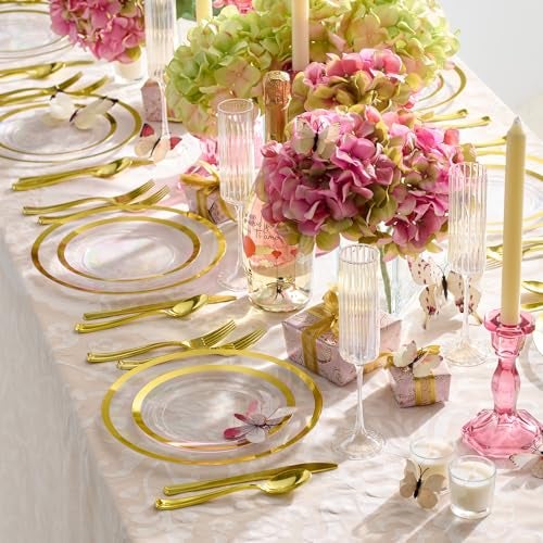 By Madee HEAVYWEIGHT 150 Pc Disposable Thanksgiving Dinnerware Sets | Clear and Gold Plastic plates and Silverware Set + Gift of 3D Butterflies for Table Decor (25 Guests) - Image 5