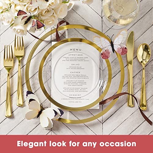 By Madee HEAVYWEIGHT 150 Pc Disposable Thanksgiving Dinnerware Sets | Clear and Gold Plastic plates and Silverware Set + Gift of 3D Butterflies for Table Decor (25 Guests) - Image 2