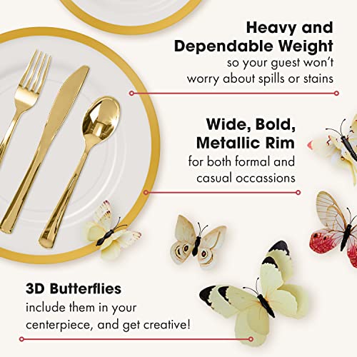 By Madee HEAVYWEIGHT 150 Pc Disposable Thanksgiving Dinnerware Sets | Clear and Gold Plastic plates and Silverware Set + Gift of 3D Butterflies for Table Decor (25 Guests) - Image 4