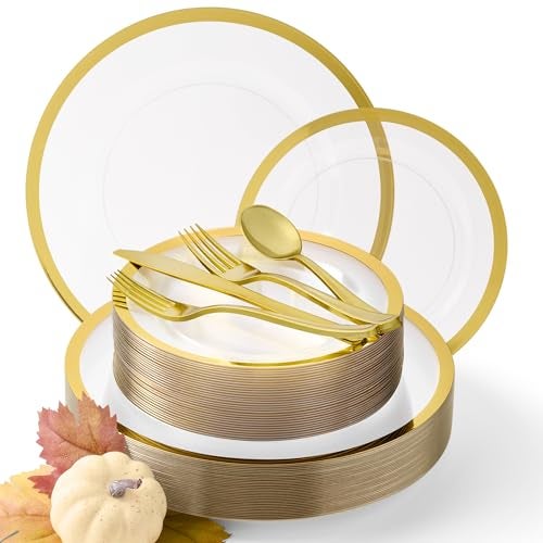 By Madee HEAVYWEIGHT 150 Pc Disposable Thanksgiving Dinnerware Sets | Clear and Gold Plastic plates and Silverware Set + Gift of 3D Butterflies for Table Decor (25 Guests) - Image 1