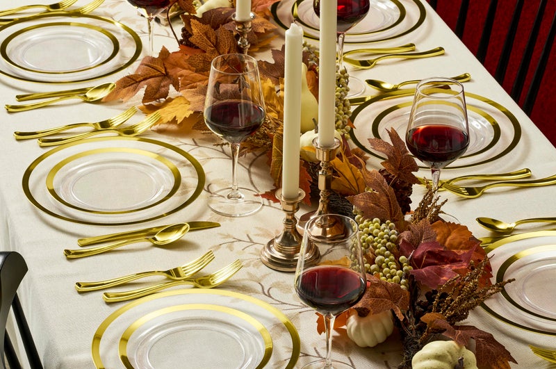 By Madee HEAVYWEIGHT 150 Pc Disposable Thanksgiving Dinnerware Sets | Clear and Gold Plastic plates and Silverware Set + Gift of 3D Butterflies for Table Decor (25 Guests) - Image 3