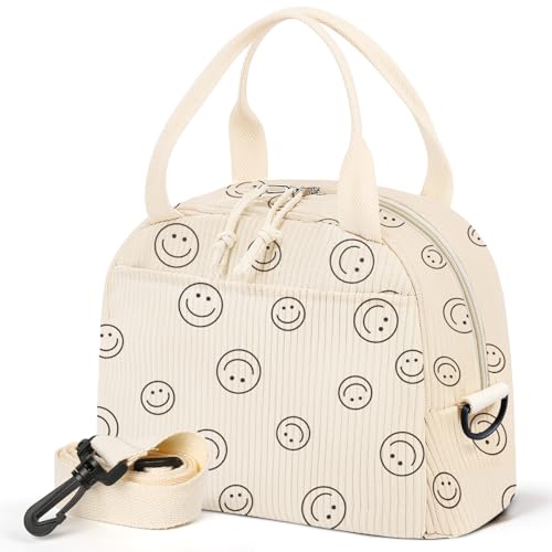 WOBAGMEN Lunch Box for Women,Smiley Lunch Bag Cute Corduroy Insulated Lunch Box With Shoulder Strap for Adult Womens for Work Picnic(smiley) - Image 1