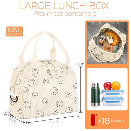WOBAGMEN Lunch Box for Women,Smiley Lunch Bag Cute Corduroy Insulated Lunch Box With Shoulder Strap for Adult Womens for Work Picnic(smiley) - Image 2