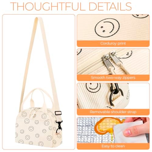 WOBAGMEN Lunch Box for Women,Smiley Lunch Bag Cute Corduroy Insulated Lunch Box With Shoulder Strap for Adult Womens for Work Picnic(smiley) - Image 4
