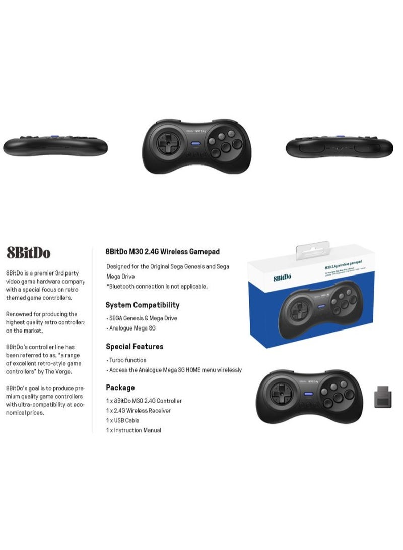8Bitdo Classic Gamepad 8BitDo M30 2.4G Wireless Gaming Controller for Original Sega Genesis and Sega Mega Drive - Sega Genesis, Switch with 6-Button Layout, Turbo Function, 480mAh Li-on Battery for 35hours Play, Auto Reconnect, Retro Design, Pocket Size, Portable - Image 2