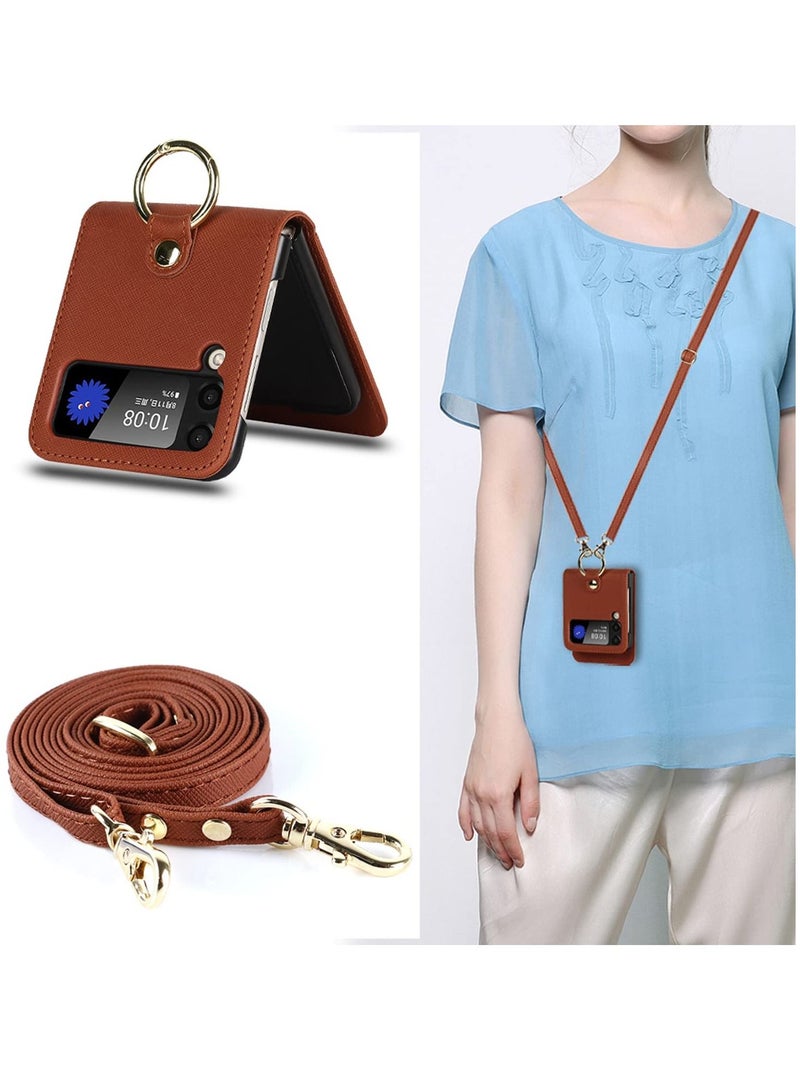 KASTWAVE Case for Galaxy Z Flip 3 5G, Compatible with Samsung Z Flip 3(2021) Leather Wallet Case, Adjustable Crossbody Lanyard Durable Card Slots Ultra Slim Luxury Cover for Samsung Galaxy Z Flip 3 (Brown) - Image 2