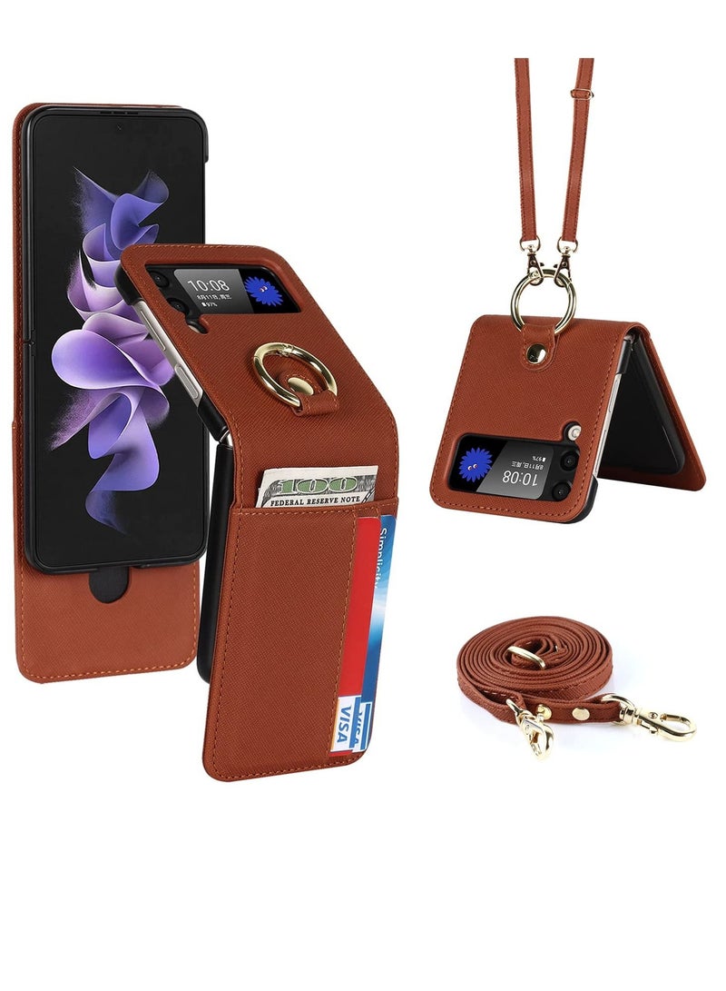 KASTWAVE Case for Galaxy Z Flip 3 5G, Compatible with Samsung Z Flip 3(2021) Leather Wallet Case, Adjustable Crossbody Lanyard Durable Card Slots Ultra Slim Luxury Cover for Samsung Galaxy Z Flip 3 (Brown) - Image 1